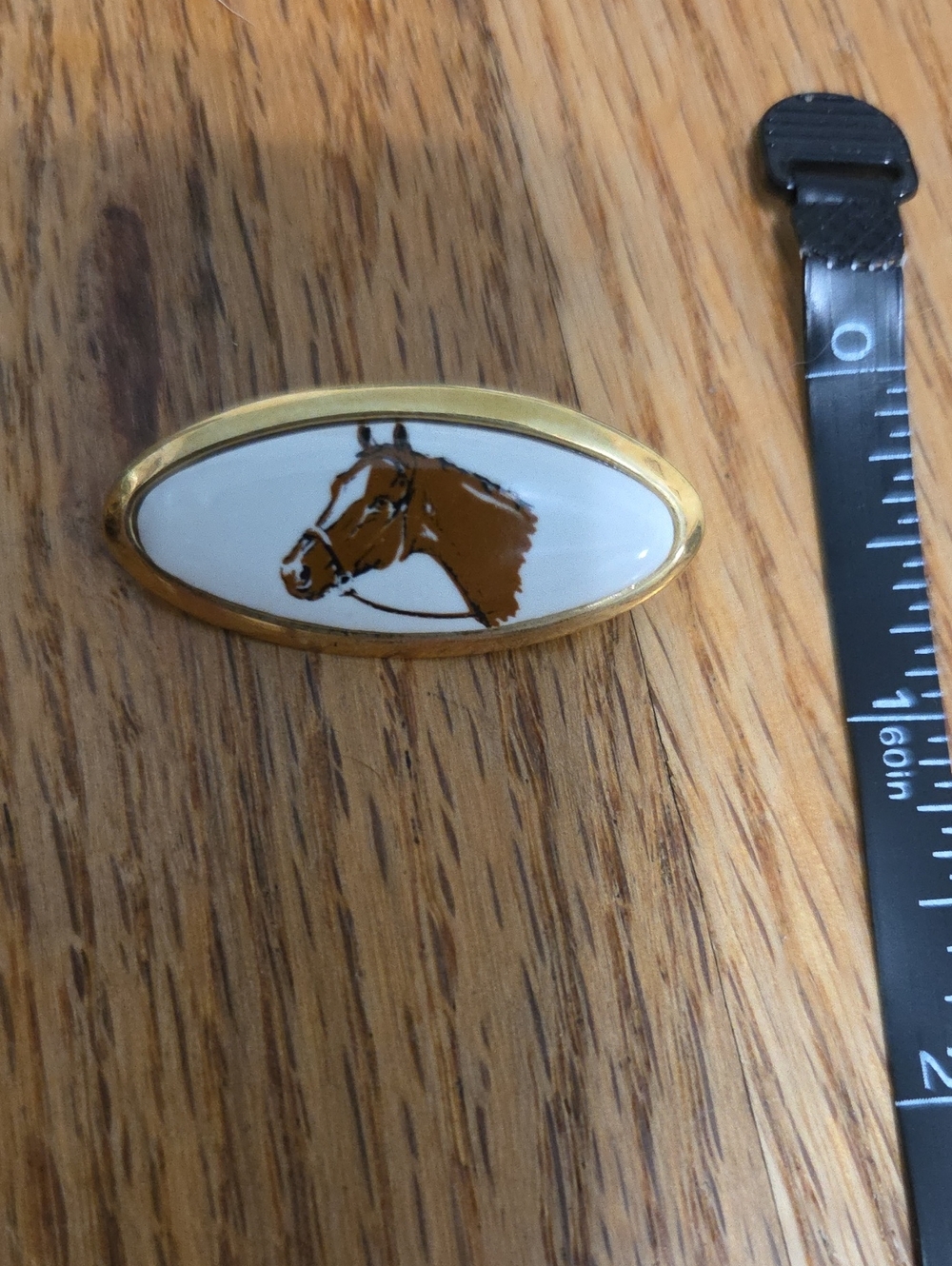 Gold-Tone Oval Horse Head Brooch with White Enamel
